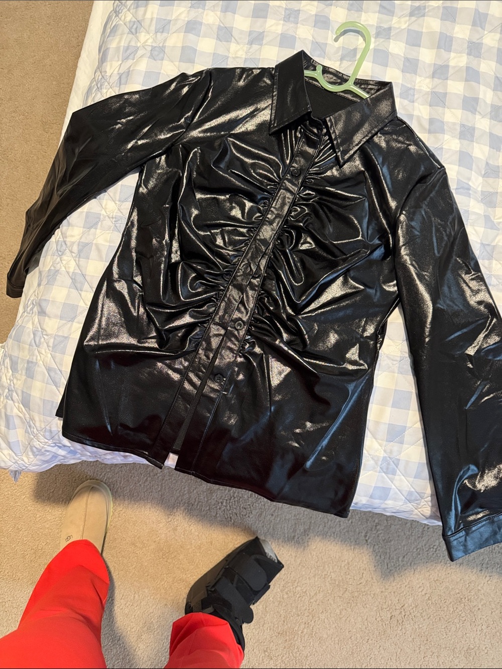 Black Shiny Ruched Button-Up Shirt - Women